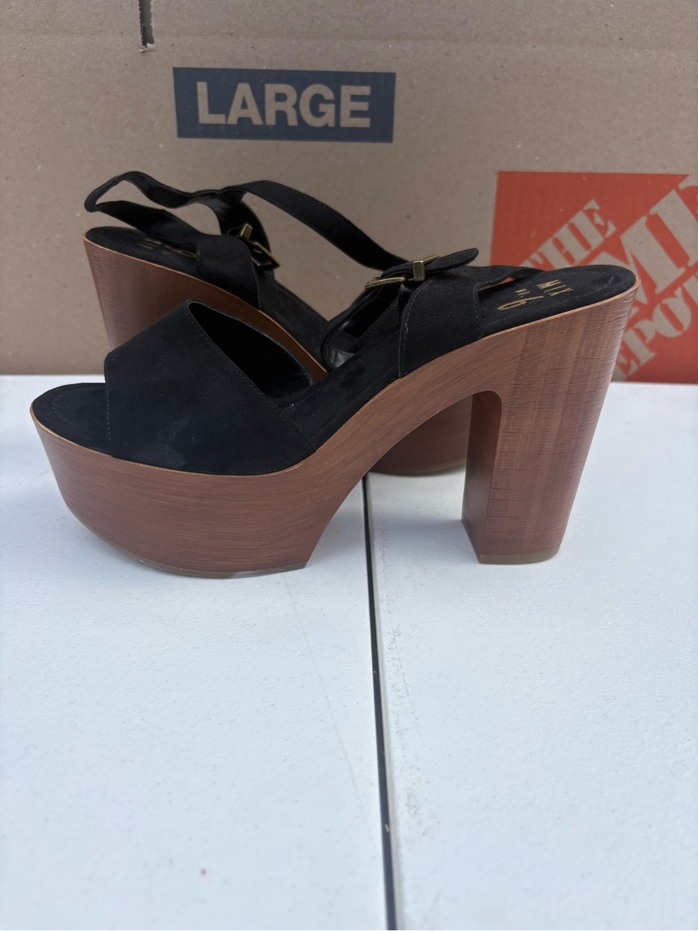 Mix No. 6 Black suede platform heels with wooden heel and ankle strap Size 10